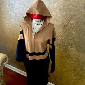 Elegant long dressy sweater with Hood,  camel and black